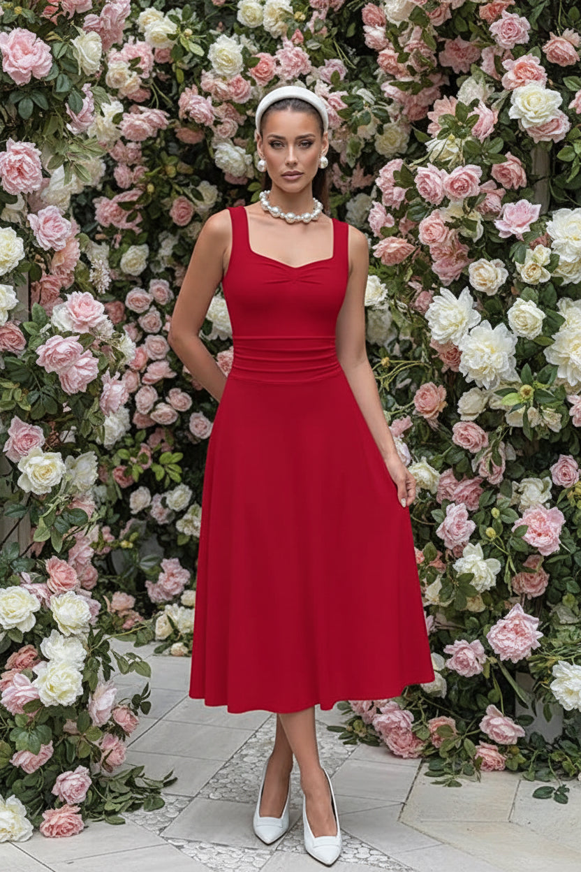 IWD Women's Square Neck A Line Midi Dress Ruched Waist Corset Flowy Elegant Wedding Guest Long Dresses
