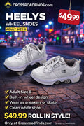 White HEELYS wheel shoes with a price tag on a city street background, featuring product details and a website URL.